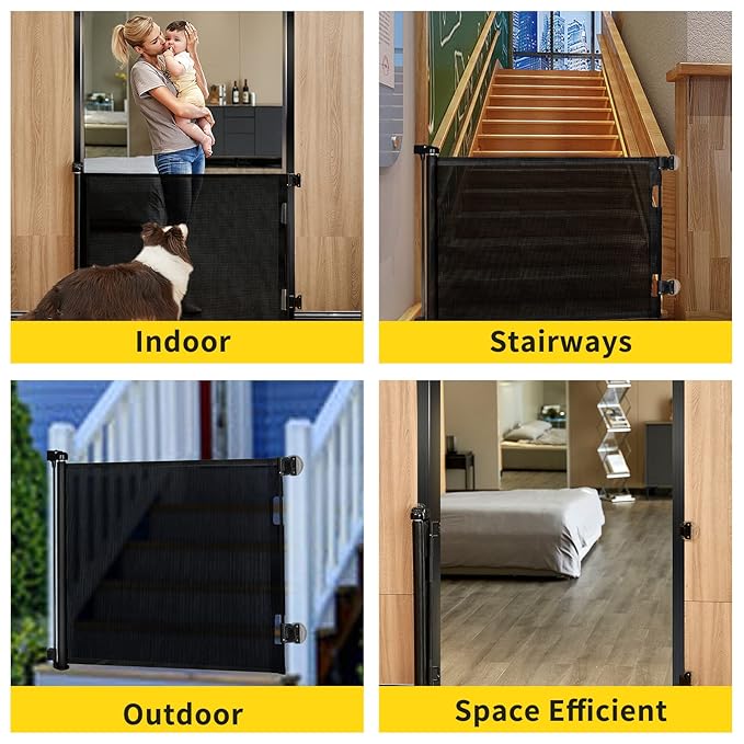 Retractable Baby Gate for Stairs – 33” Height, Expands up to 55” Width – Safety Gate for Infants, Toddlers, Dogs & Pets – Easy Install, Secure Closure, Black Mesh Design for Indoor & Outdoor Use