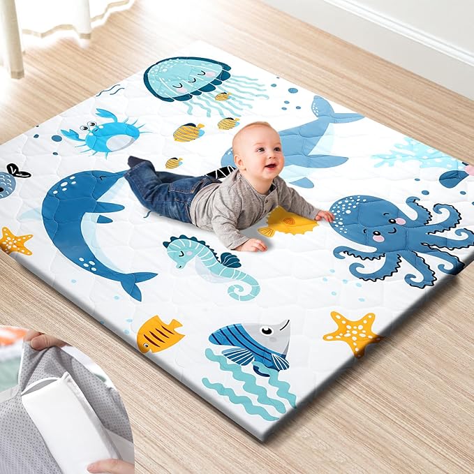 Premium Foam Baby Play Mat 47x47 – Removable & Machine Washable Cover, Extra Thick Padding Playpen Mat, Non-Slip Crawling Mat, Easy to Clean for Infants, Toddlers & Babies