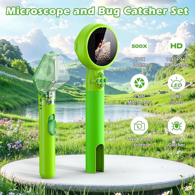 2 in 1 Kids Microscope with Bug Catcher,HD 500X Digital Microscope for Kids with 2" Screen,Photo and Video,STEM Educational Science Kit Learning Toys for Age 3-12 Girls & Boys Birthday Gifts (Green)