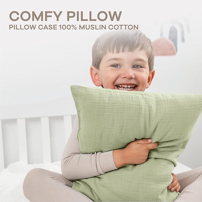 Comfy Cubs Toddler Pillow with Muslin Pillowcase, 13 x 18 in, 2 Pack - Travel and Sleep Support for Kids - Lightweight, Breathable Microfiber Fill - Soft and Cozy Small Pillow for Toddlers - Sage