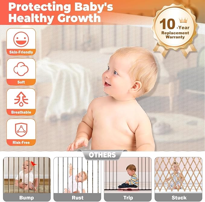 Retractable Baby Gates for Stairs, 55" Wide Retractable Dog Gate Pet Gate, 34" Extra Tall Child Safety Gate Toddler Mesh Gate with Support Rods for Doorways, Hallways, Deck, Porch, Indoor, Outdoor