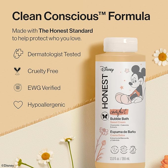 The Honest Company Foaming Bubble Bath | Gentle Enough for Baby | Dermatologist Tested, Tear-Free, Hypoallergenic | Disney’s Mickey Mouse Comfort Sweet Cream, 12 fl oz