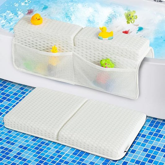 OS OMYSTYLE Baby Bath Kneeler and Elbow Rest Pad Set, 1.5'' Thick Quickly Dry Bathtub Kneeler Pad with Baby Toys & Bath Accessories Organizer, Kneeling and Elbow for Tub, Non-Slip Mat(White)