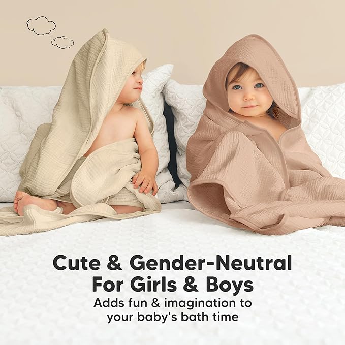 KeaBabies Muslin Hooded Baby Towels for Newborn Girls, Boys - 2-Pack, 30x30 Organic Cotton Baby Bath Towels Hooded, Soft Absorbent, Toddlers, Kids, Infant, Newborn Bath Essentials (Almond, Petite)