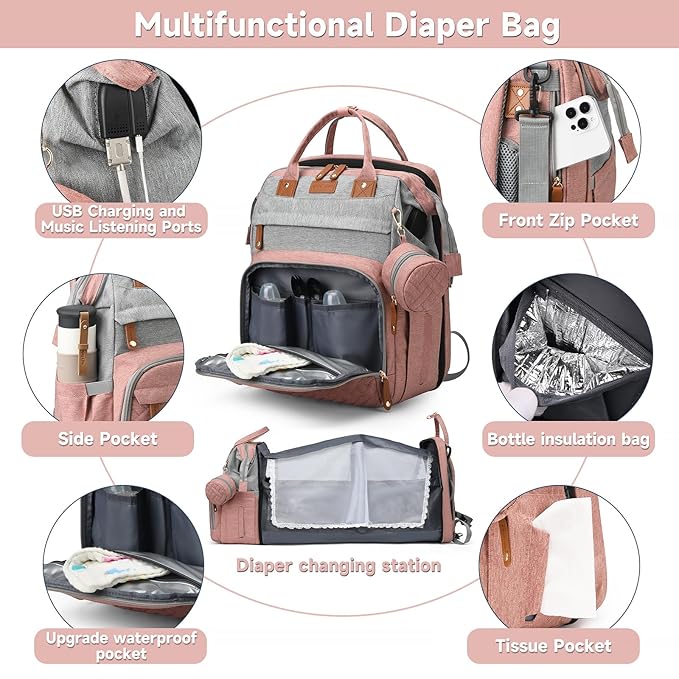 Diaper Bag Backpack Baby Diaper Bag Multifunctional Waterproof Diaper Bag with Changing Station Travel Backpack with Changing Pad, Baby Baby Pacifier Case & Stroller Straps(PinkGrey)