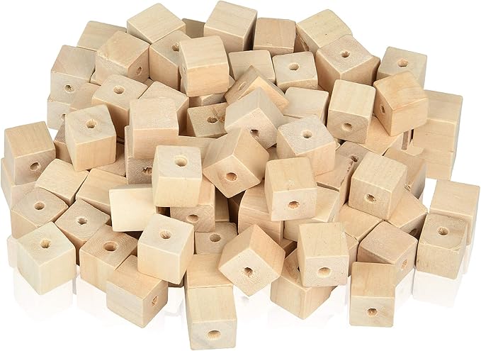 Supkiir Wood Craft Cubes - 100 Pack 1/2" Cubes with Holes, Unfinished Solid Beads Blocks for DIY Projects