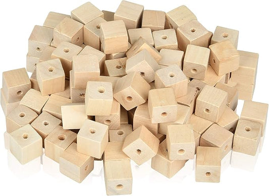 Supkiir Wood Craft Cubes - 100 Pack 1/2" Cubes with Holes, Unfinished Solid Beads Blocks for DIY Projects