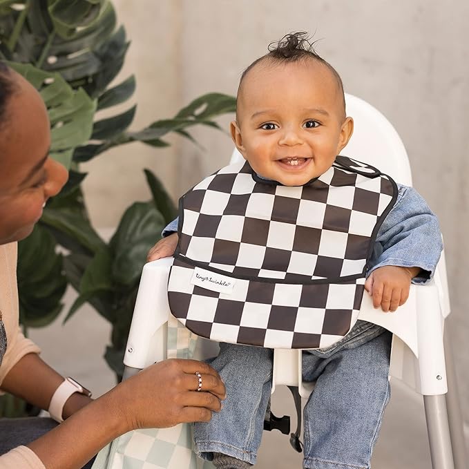 Tiny Twinkle Mess Proof Baby Bibs for Eating – Waterproof, Wipeable Toddler Bibs with Pocket – Baby Food Bibs for Girls & Boys(3 Pack,Checkers Boy)