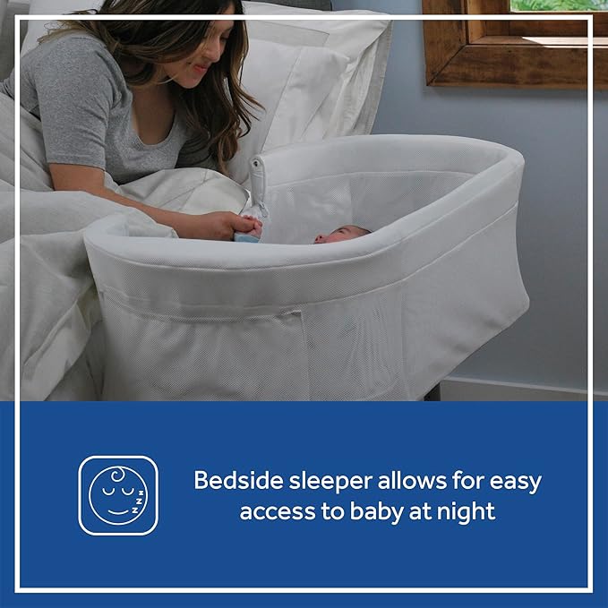 SEALY BABY Airy Dreams, Breathable, Portable Bedside Bassinet Sleeper, 2-in-1, Newborn Room Sharing, Adjustable Height, 9 Settings, Storage Pocket, Drop Down Panel