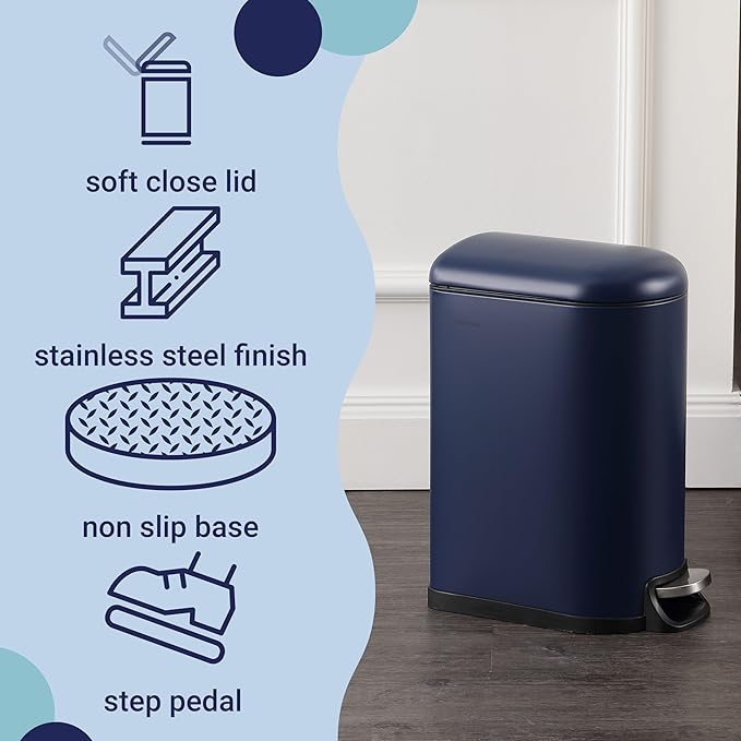 happimess HPM1009J Roland Mini 2.6-Gallon Step-Open Trash Can, Denim Blue,with Soft-Close Lid, Fingerprint Resistant, Modern, Minimalistic for Home, Kitchen, Laundry Room, Office, Bedroom, Bathroom
