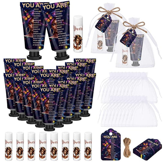 24 Sets Christian Hand Cream and Lip Balm Gift Set Christmas Christian Gift for Women Travel Size Hand Lotion Bible Verse Lip Balm Bulk for Baby Bridal Shower Mom Holiday (African American)