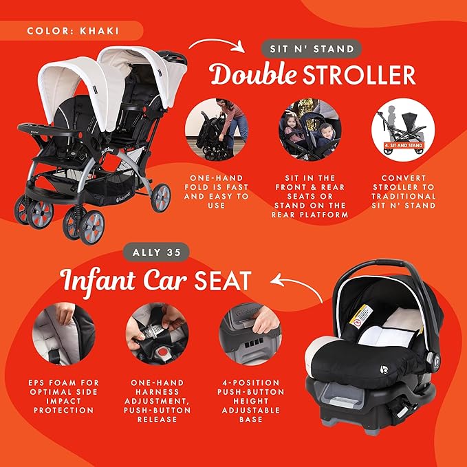 Baby Trend Infant and Toddler Double Stroller & Car Seat Combo, 2 Pc Set, Khaki - Portable and Lightweight Stroller Duo and Car Seat Travel System Tandem