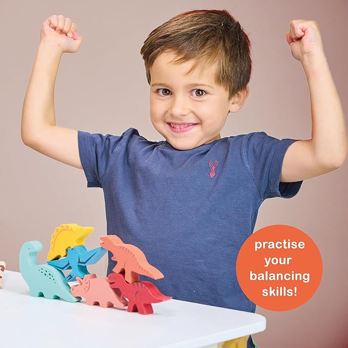 Mentari Toys - Happy Stacking Dinosaurs - 6pc Wooden Stacking Toy for Toddlers - Colorful Dinosaur Balancing Activity Toy with Bag - Boost Fine Motor Skills and Dexterity - Age 18m+