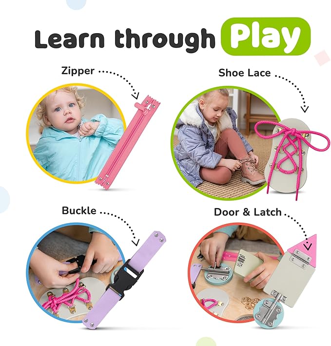 deMoca Sensory Busy Board for Toddlers, Premium Wooden Toddler Busy Board for 1 2 3 Year Old with 10 Educational Activities for Fine Motor Skills, Fidget Activity Toy for Travel Toy (Coral - Large)