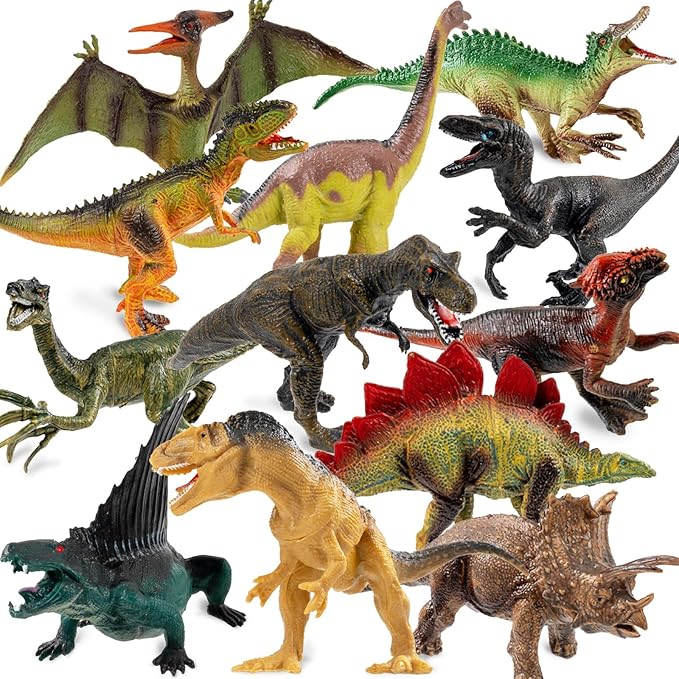 OuMuaMua Dinosaur Toys for Kids 3-5, 12 Pack Realistic Plastic Dinosaur Figure Set Including T-Rex, Stegosaurus, Monoclonius, Dino Toys for Boys 5-7 Party Favors, 6 to 7 Inch Large Size