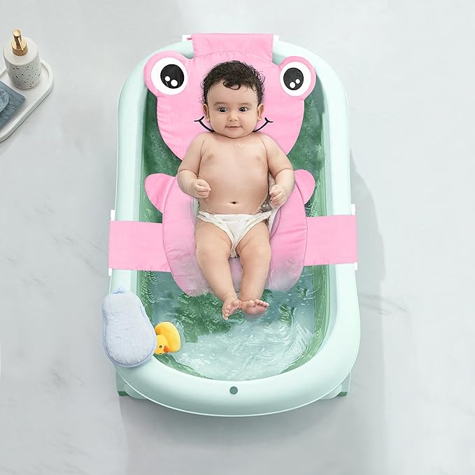 Baby Bath Seat Support Net, Quick Drying, Adjustable, Comfortable, Non-Slip, Infant Bathtub Sling Shower Mesh for a Tub, Soft Newborn Bath Mat (Deep Pink Frog)