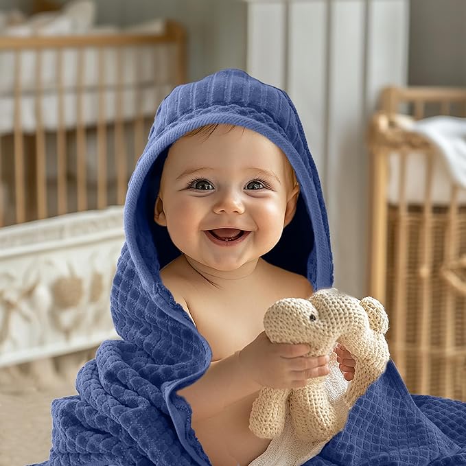 ORIGINAL KIDS Hooded Baby Towel - 100% Cotton Luxurious Jacquard Velour Baby Bath Towel with Hood - Boys Girls Infant Toddler - 550 GSM Soft Absorbent Newborn Bath Essentials - Large 30x30 - Blue
