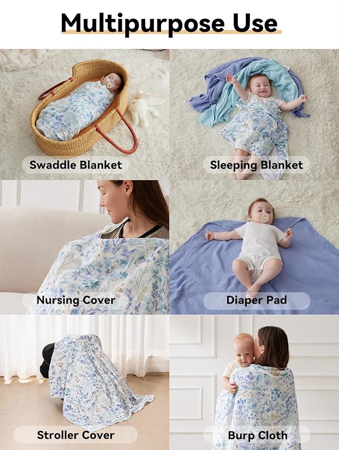 TILLYOU 3 Pack Muslin Swaddles for Newborns Baby Blankets for Girls Boys Cotton Swaddle Blankets 40"X40", Blue Flower