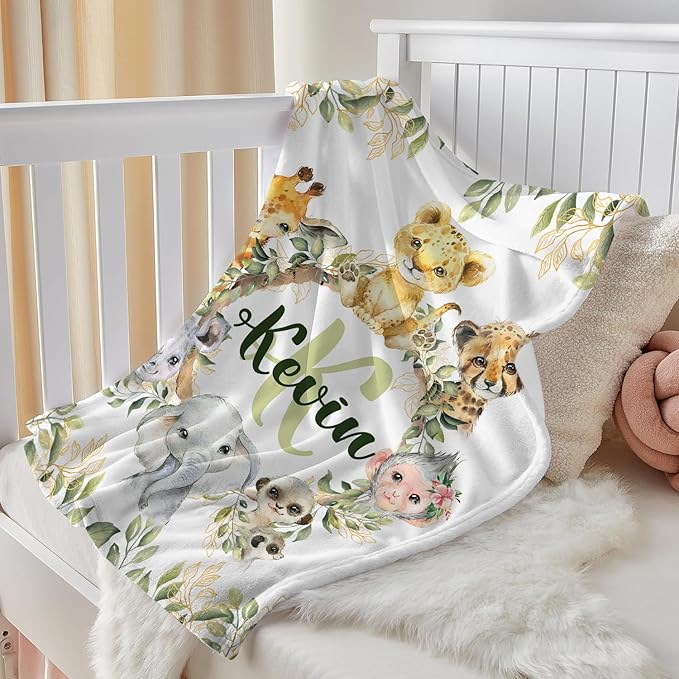 J&SBGFT Personalized Safari Animal Wood Baby Blanket, Custom Name, 30"x40", Brown, Green, Flannel, Unisex, Modern, Multi-Purpose, Customizable, Baby/Home