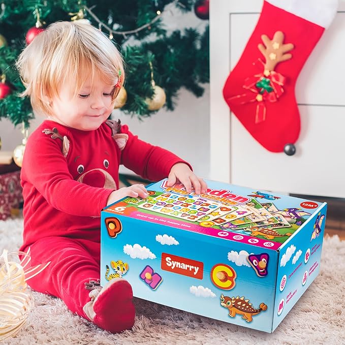 SYNARRY Wooden Puzzles for Toddlers 1-3, 6XSET Puzzles for Toddlers 2-4 with Rack, Learning Alphabet Number Shape Animal Dinosaur Vehicle, Education Toddler Puzzles Toys Gifts for 2 3 Years Boys Girls