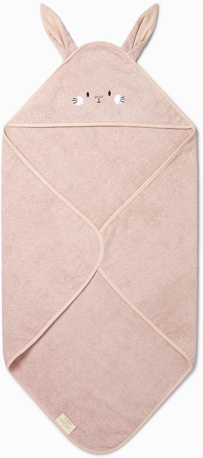MORI Baby Hooded Bath Towel with Bunny Design in Blush - Unisex Soft Cotton Wrap Cloth for Infants and Newborns - 30 x 30”