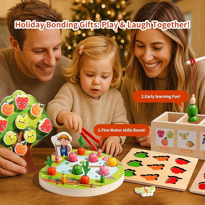 Toddler Sensory Montessori Wooden Preschool Learning Educational Gift Toy for Kids Ages 3 4 5, Shape Color Sorter Apple Picking Carrot Harvest Game,Magnetic Fishing - Fine Motor Skills Toys