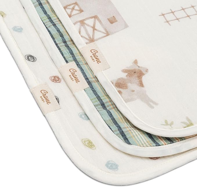 Crane Baby Burp Cloths Set, 3-pc. Charlie Farmhouse Tractor Collection, Soft 100% Cotton Muslin Burp Cloths for Baby Boys and Girls, Farm Nursery Décor