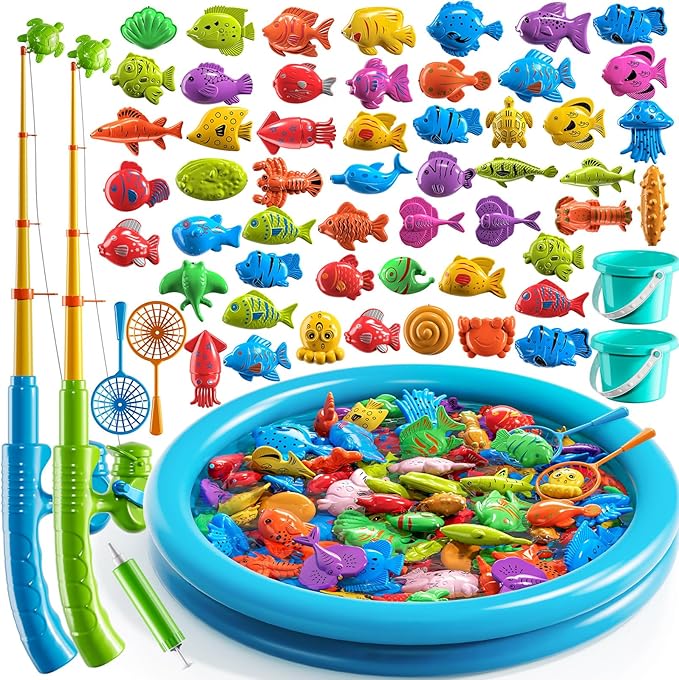 TEMI Magnet Fishing Game for Kids 4-8, Fish Toys for Kids 3-5, Bathtub Floating Fishing Pole, Water Table Pool with Rod Net, Summer Water Play Indoor and Outdoor, Gifts for Holiday for Boy and Girls