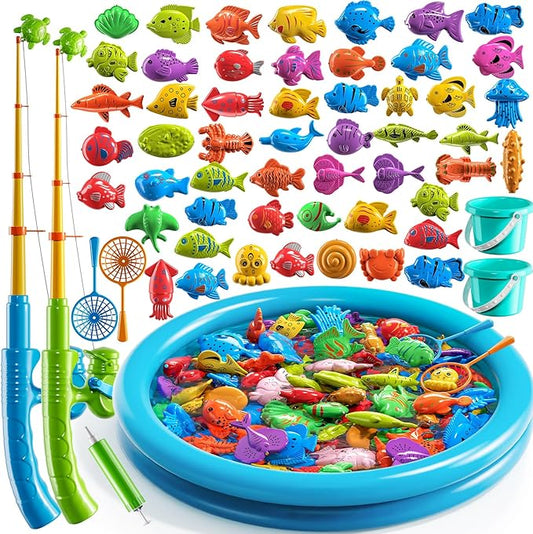 TEMI Magnet Fishing Game for Kids 4-8, Fish Toys for Kids 3-5, Bathtub Floating Fishing Pole, Water Table Pool with Rod Net, Summer Water Play Indoor and Outdoor, Gifts for Holiday for Boy and Girls