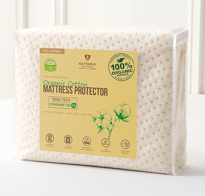 Luxury Waterproof Organic Mattress Protector Full - Organic Cotton Breathable Mattress Pad Cover - New 380 GSM Comfort - Deep Pocket - Jersey Cotton Skirt - Fitted Comfort