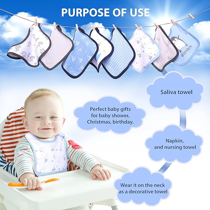 DOKMA Set 8 Organic Cotton Baby Drool Bibs - Bandana Teething Bibs for Baby - Bandana Drool Bibs - Ultra Soft, No Scratch