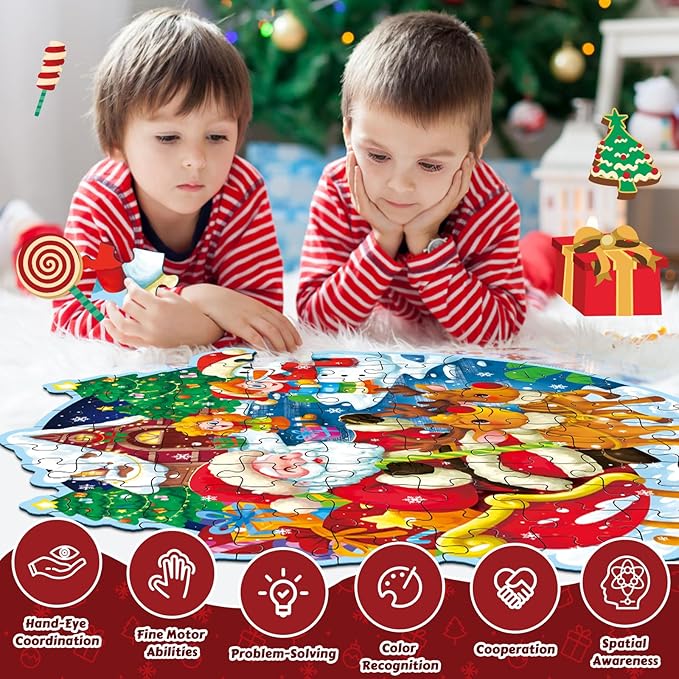 Christmas Floor Puzzle for Kids Ages 3-5 & 4-8, 88 Piece Blue Cardboard Jigsaw Puzzles for Kids, Learning Educational Toys Birthday, for 3 4 5 6 Year Old Girls & Boys