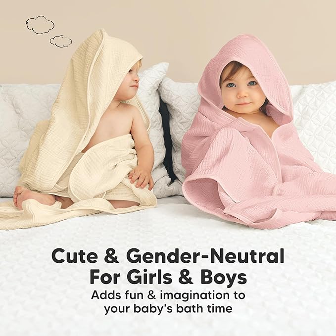 KeaBabies Muslin Hooded Baby Towels for Newborn Girls, Boys - 2-Pack, 30x30 Organic Cotton Baby Bath Towels Hooded, Soft Absorbent, Toddlers, Kids, Infant, Newborn Bath Essentials (Rose Ivory, Petite)