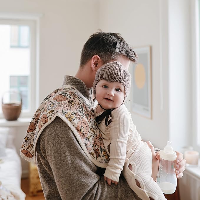 mushie Muslin Baby Burp Cloths | 100% Organic Cotton, Set of 2 (Retro Flowers/Fog)