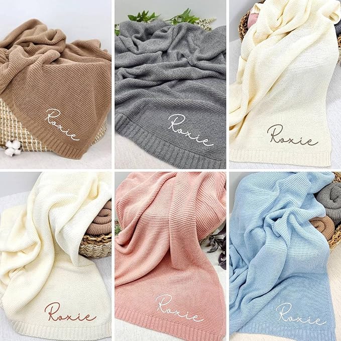 NAZENTI Personalized Embroidered Baby Knit Blanket, Custom Baby Name, Newborn Baby Gifts, Cotton Knit Blanket, Gift for Baby Boy Baby Girl, Knit Baby Blanket with Name Embroidery