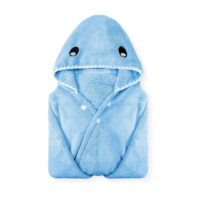 ROMASA Toddler Hooded Bath Towel Ultra Soft Towel Highly Absorbent Bathrobe Blanket for Boys Girls- 27.5" x 55"(Blue Shark-Shape)