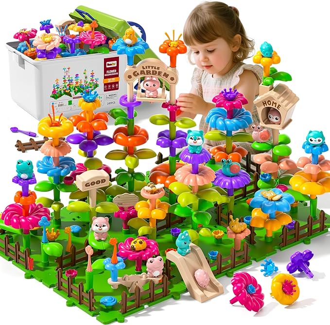 145 Pcs Toys for 3 Year Old Girl,Toddler Gardening Set Flower Garden Toy Girls Building Sets Best Educational Learning Fine DIY Crafts Stem Construction Stacking Kit,for 3 4 5 6 7 Years Kids