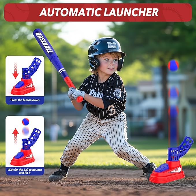 3-in-1 Kids T-Ball Set for Toddlers 3-5 with Fixed Tee Ball Stand, Baseball Launcher, Toss and Catch Ball Game - Outdoor Sports Toy Gift for Boys and Girls