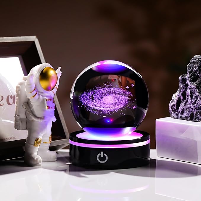 3D Galaxy Model Crystal Ball Led Lamp Base - Space Decor World Globe Planets Sphere Night Light 80mm 3.15 Inch - Solar System Decor Best Birthday Astronomy Gifts for Men Physics Science Teacher