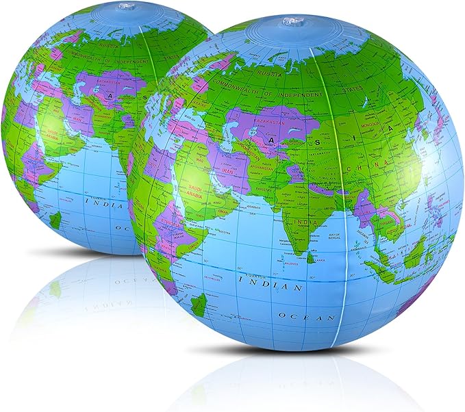 2 Pack Inflatable Globe Blow up World Globe Beach Ball 16 Inch Inflatable Earth Beach Ball for Beach Playing or Teaching, Party Bags, Summer Pool Party, PVC Material