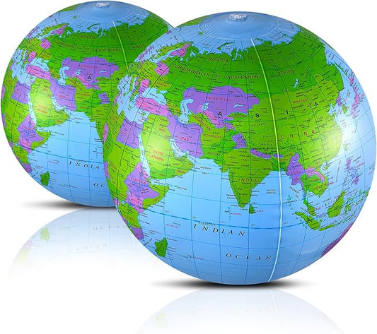 2 Pack Inflatable Globe Blow up World Globe Beach Ball 16 Inch Inflatable Earth Beach Ball for Beach Playing or Teaching, Party Bags, Summer Pool Party, PVC Material
