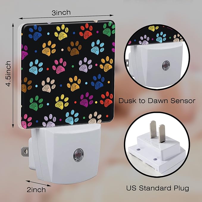 Colorful Paw Prints Night Light Plug into Wall, Animal Footprints Dusk to Dawn Night Light Plug in,0.5w Energy Saving Sleep Friendly NightLight for Kids Boys Girls Home Decor
