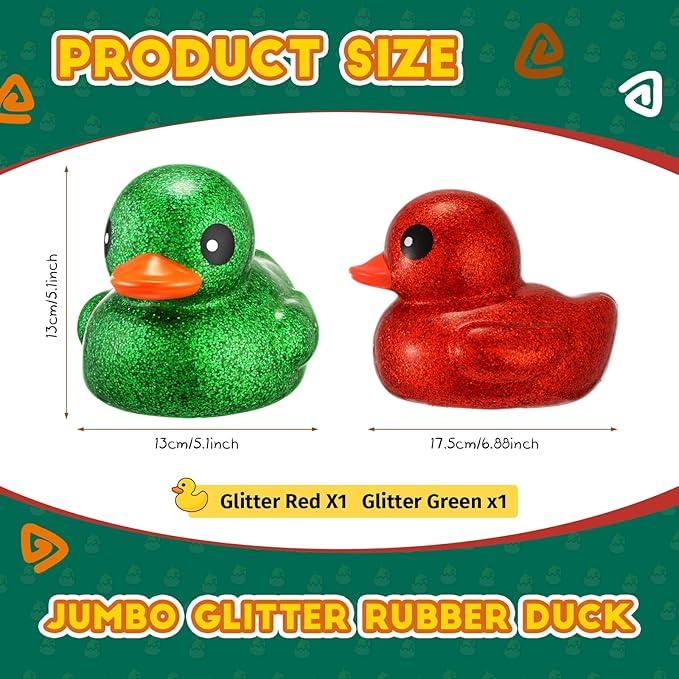 Honoson 2 Pcs 6.89 Inch Giant Glitter Rubber Ducks Big Sparkly Rubber Ducks Jumbo Bathtub Toys with Squeaky Sound for Baby Shower Pool Activity Birthday Gift(Glitter,Red, Green)