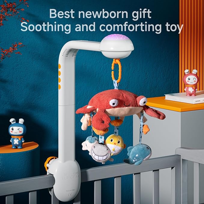Tumama Baby Crib Mobile with Projection Night Light, Music and White Noise, Soft Plush Mirror Hanging Toys, Mute Spin Motor Nursery Toys for Infant 0-3, 6-9 Month Newborn Xmas Gift (Crab)