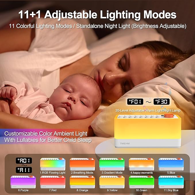 White Noise Sleep Sound Machine with 8 Nature Sounds, Portable Bluetooth Speaker, 12 Colors Night Lights, Sleep Timer & Breathing Exercises, for Babies, Kids, and Adults