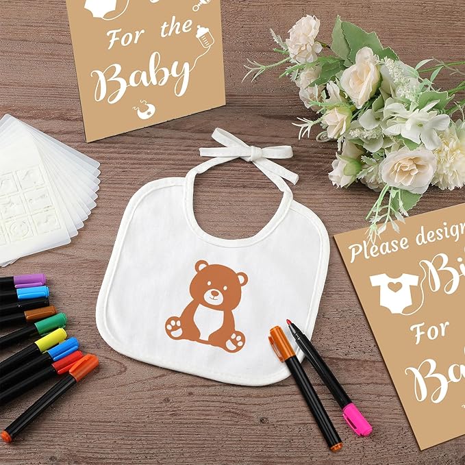 Newwiee 55 Pcs White Bibs for Baby Decorating Design a Bib Decorate Plain newborns Bibs Wooden Sign for Baby Shower Games Kit