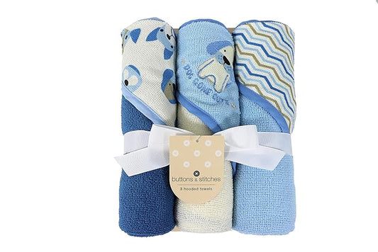 Cudlie Buttons & Stitches Baby Boy 3 Pack Rolled/Carded Hooded Towels in Dog Gone Cute Print, GS71722