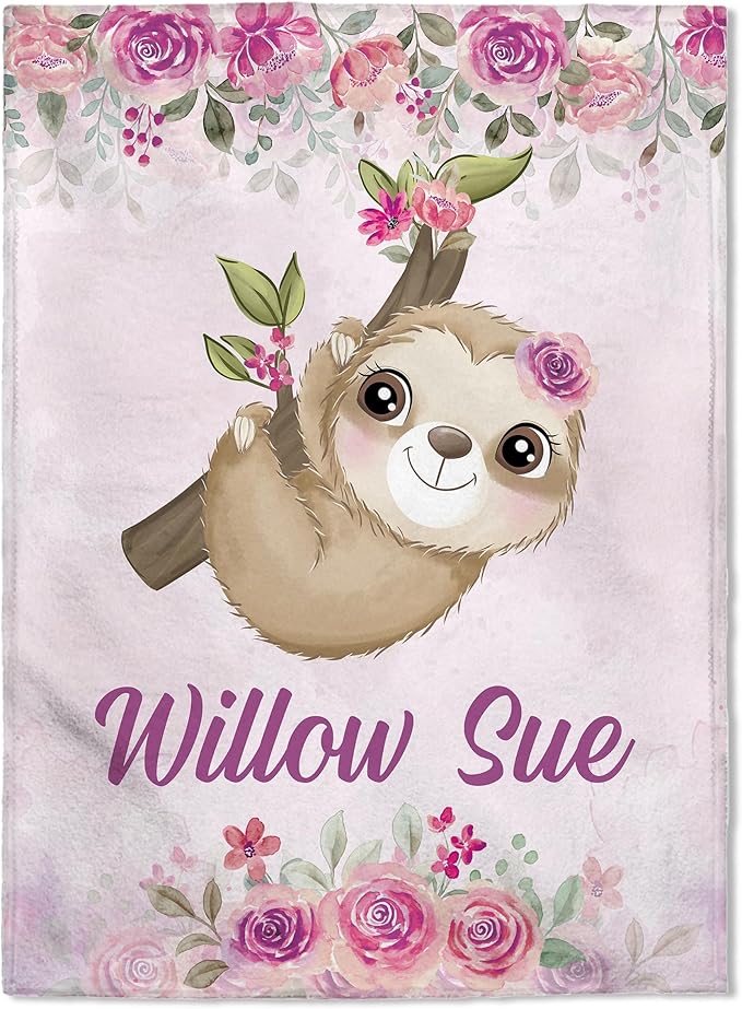 FLOCHIL Personalized Baby Blanket - Custom Baby Blanket with Name for Girls, Newborn Sloth Plush Fleece (30x40)
