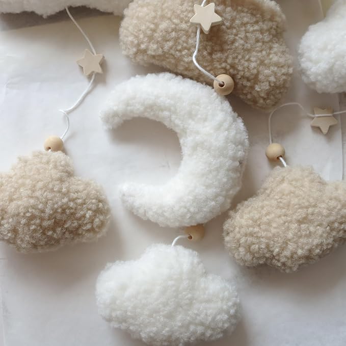 Neutral Boho Cloud Mobile for Crib with Moon Neutral Baby Crib Mobile Boho Crib Mobile Boucle Baby Mobile for Crib Bassinet