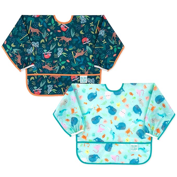Bumkins - Sleeved Bib - For Boys & Girls, Babies & Toddlers 6-24 Months - Lightweight, Durable, Waterproof - Long Sleeve Bib - Catch-All Pocket - Wipeable & Machine Washable - Jungle & Ocean - 2 Pack